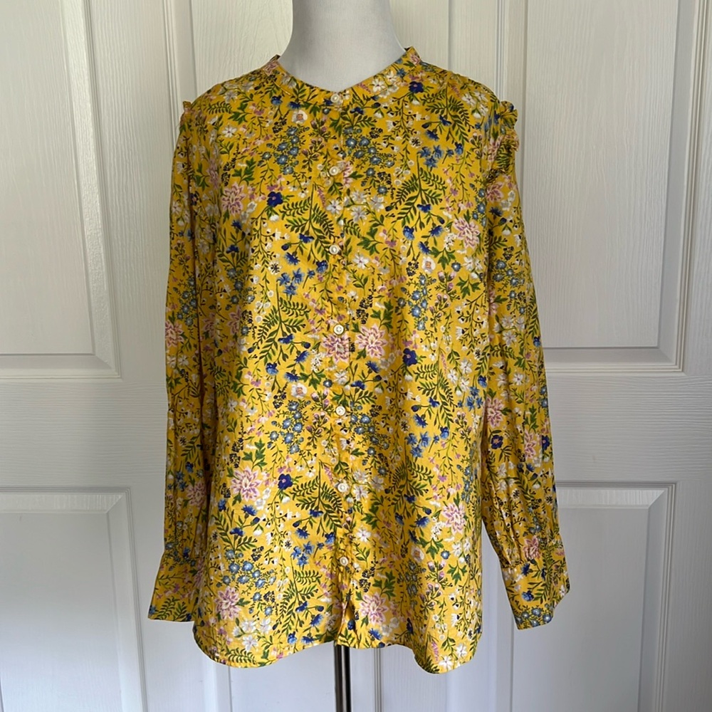 Old Navy Yellow Green Blue Floral Ruffle Button Down Shirt Womens Sz XL